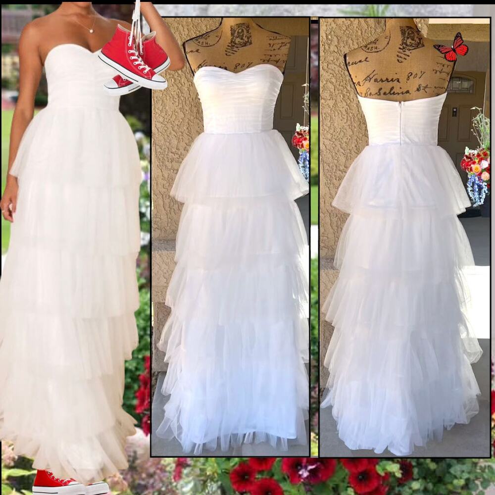 Lulus White Tulle Pleated Strapless Phenomenal Passion Maxi Dress Size S